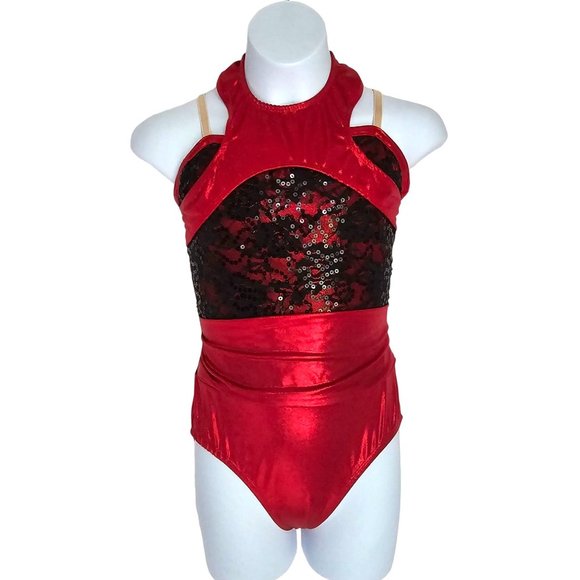 Costume Gallery "On the Rise" Dance Ballet Bodysuit Black Red Sequin Child Large - Picture 1 of 4